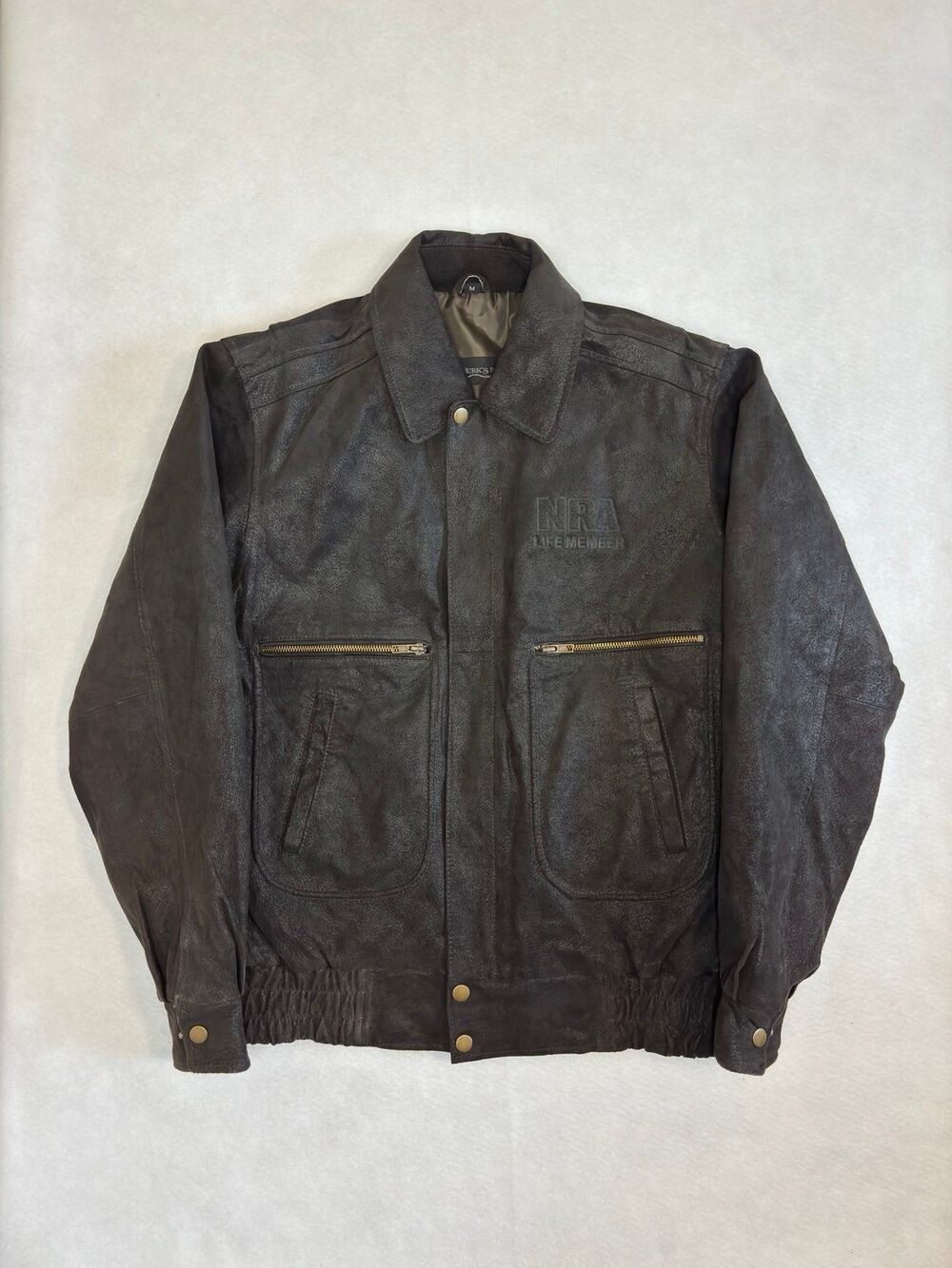 Burk's Bay Genuine Leather Bomber Jacket NRA Life Member Men's Size M Black